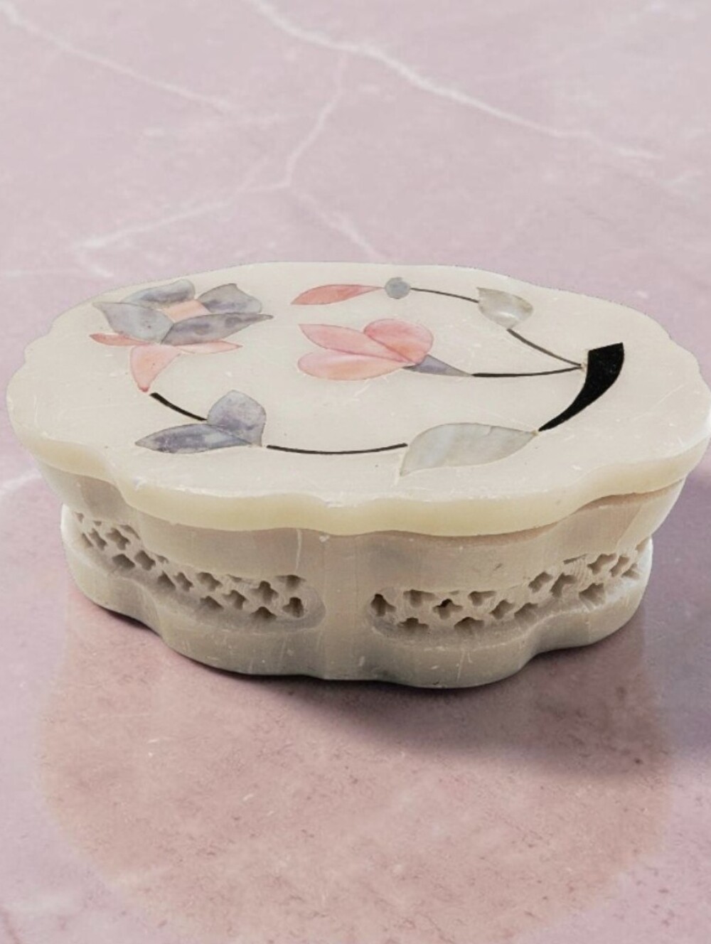 VINTAGE Soapstone Box Mother-of-Pearl Inlay Pink Gray Cream Floral Containter